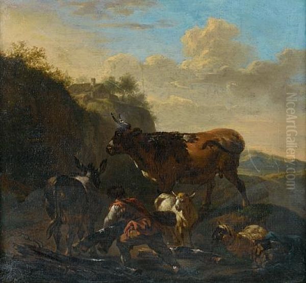 A Figure Collecting Wood With A Donkey, Sheep And Cattle In A Landscape by Abraham Jansz. Begeyn