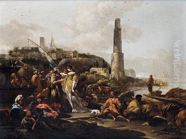 Figures On A Shore And A Fortune Teller, A Mediterranean City In The Distance Oil Painting by Abraham Jansz. Begeyn