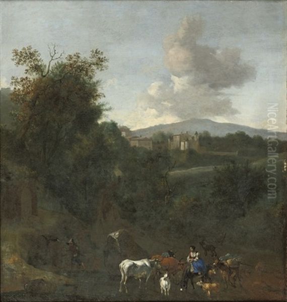 An Italianate Landscape With Shepherds And Their Flock Oil Painting by Abraham Jansz. Begeyn