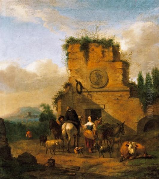 Fogado Elott Olasz Tajban (in Front Of An Inn In Italy) Oil Painting by Abraham Jansz. Begeyn