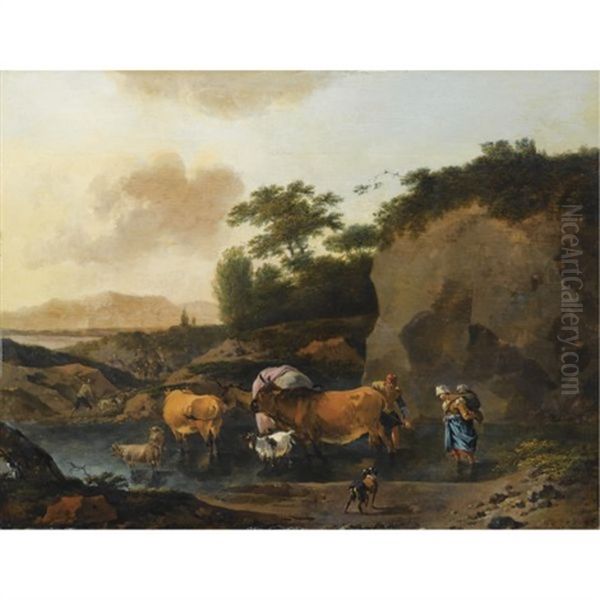 An Italianate Landscape With A Shepherd's Family Crossing A Stream With Their Herd, A Dog In The Foreground Oil Painting by Abraham Jansz. Begeyn