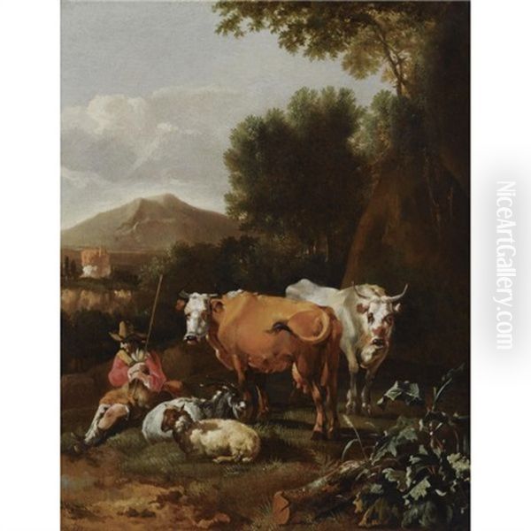 An Italianate Landscape With A Herdsman And His Cattle Resting Near A Tree Oil Painting by Abraham Jansz. Begeyn