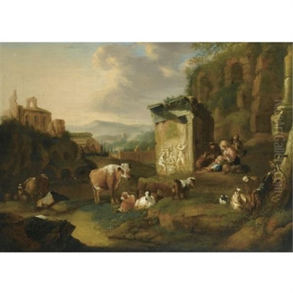 An Italianate Landscape With Cattle And Peasants Beside Roman Ruins Oil Painting by Abraham Jansz. Begeyn