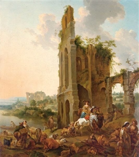 Sudliche Landschaft Mit Eleganten, Rastenden Reitern, Mit Hirten, Einer Herde Und Zigeunern Oil Painting by Abraham Jansz. Begeyn