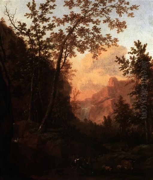 Arkadische Gebirgslandschaft Im Abendlicht Mit Blick Auf Fels Mit Katarakt, Im Vordergrund Hirten Mit Herde Oil Painting by Abraham Jansz. Begeyn