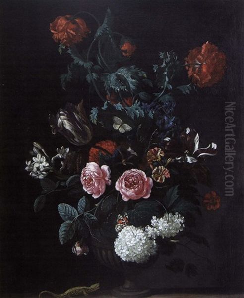 Bouquets De Fleurs Et Lezard Sur Un Entablement Oil Painting by Abraham Jansz. Begeyn