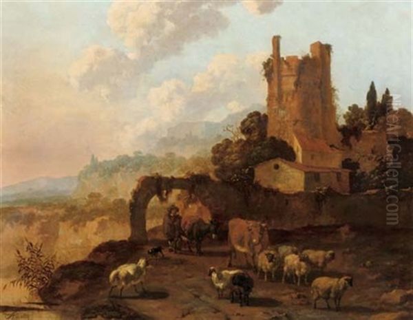 An Italianate Landscape With A Herdsman And His Flock Passing By A Ruined Building Oil Painting by Abraham Jansz. Begeyn