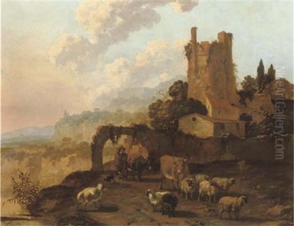 An Italianate Landscape With A Herdsman And His Flock Passing By A Ruined Building Oil Painting by Abraham Jansz. Begeyn