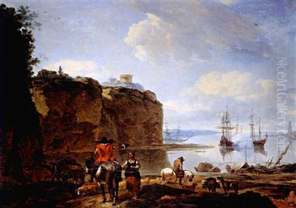 Kustenlandschaft Mit Reitern Und Segelschiffen Oil Painting by Abraham Jansz. Begeyn