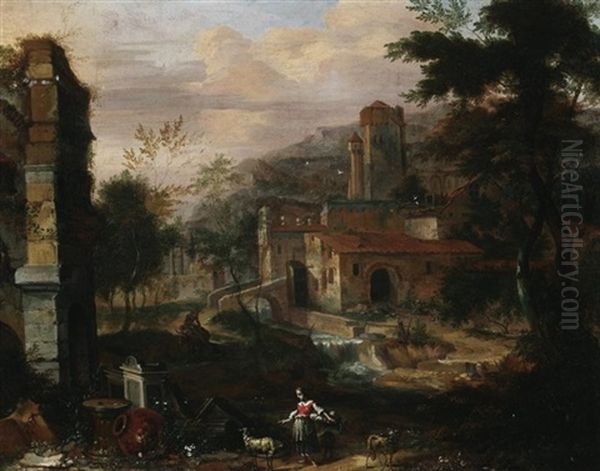 Weite Hugelige Campagnalandschaft Mit Mittelalterlichem Gehoft. Im Vordergrund Hirten Mit Ihren Ziegen Bei Romischen Ruinen Oil Painting by Abraham Jansz. Begeyn