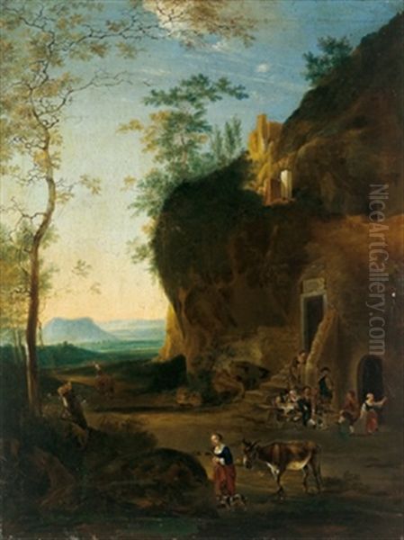 Feiernde Bauern Vor Einer Trattoria In Einer Sudlichen Landschaft Oil Painting by Abraham Jansz. Begeyn