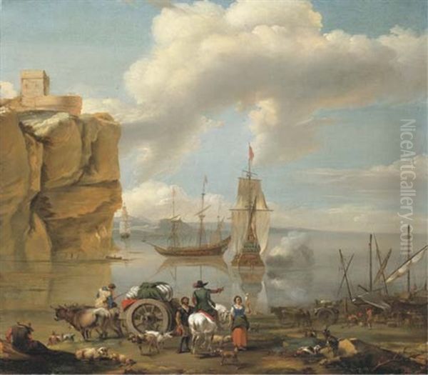 A Coastal Landscape With A Horseman, A Wagoner, Herdsmen And Stevedores, Three-masters And Mountains Beyond Oil Painting by Abraham Jansz. Begeyn