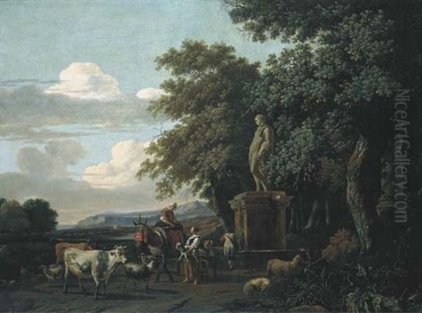 Bergers A La Fontaine Oil Painting by Abraham Jansz. Begeyn