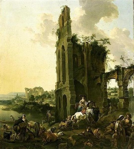 Paysage Italianisant Avec Ruines Anime De Personnages Et De Betail Oil Painting by Abraham Jansz. Begeyn