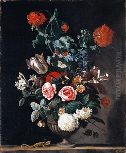 Still Life Of Flowers, Including Roses, Tulips And Chrysanthemums, In A Stone Vase With Butterflies And A Lizard Oil Painting by Abraham Jansz. Begeyn