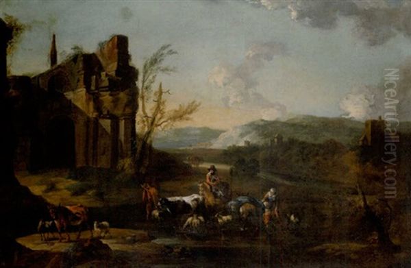 Drovers With Cattle And Sheep Fording A Stream With Ruins Beyond Oil Painting by Abraham Jansz. Begeyn