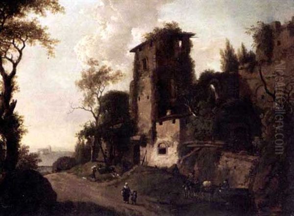 An Italianate Landscape With Figures And Their Donkies Resting Before Ruins Oil Painting by Abraham Jansz. Begeyn