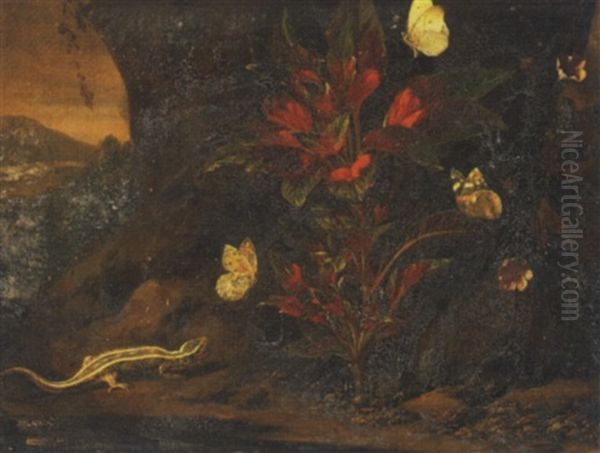 Lezard Et Papillons Au Pied D'un Arbre Oil Painting by Abraham Jansz. Begeyn