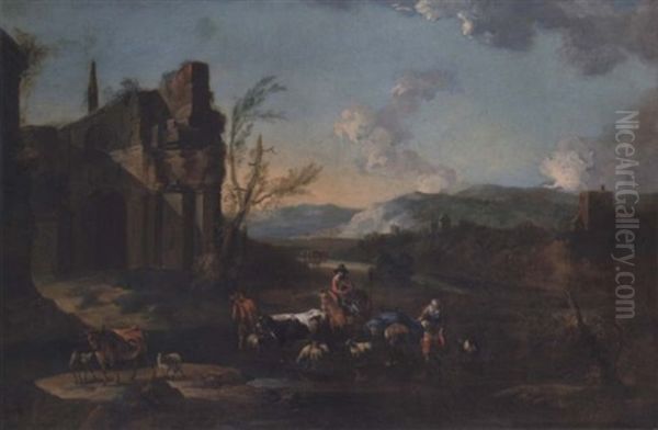 Drovers With Cattle And Sheep Fording A Stream With Ruins Beyond Oil Painting by Abraham Jansz. Begeyn