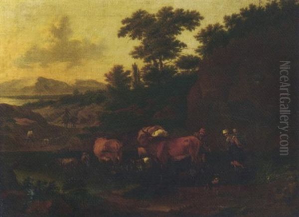 Peasants With Cattle And Sheep Fording Across A Stream Oil Painting by Abraham Jansz. Begeyn