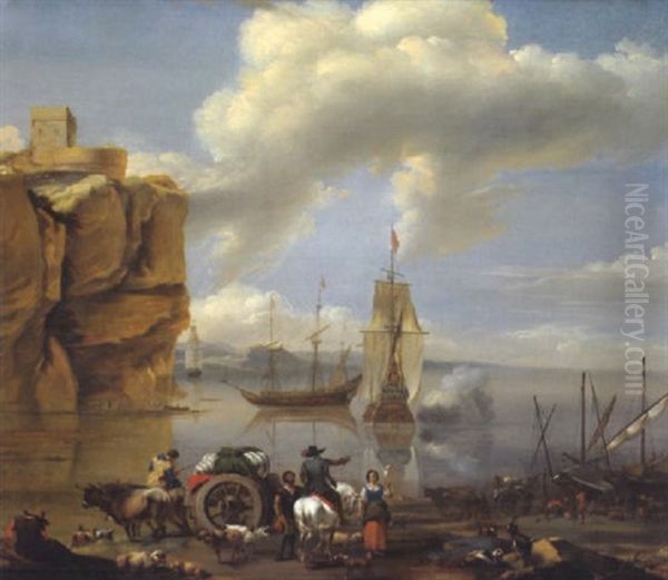 Sudliche Kustenlandschaft Mit Ochsenkarren, Einem Reiter, Anderen Figuren, Tieren Und Einer Fregatte Oil Painting by Abraham Jansz. Begeyn