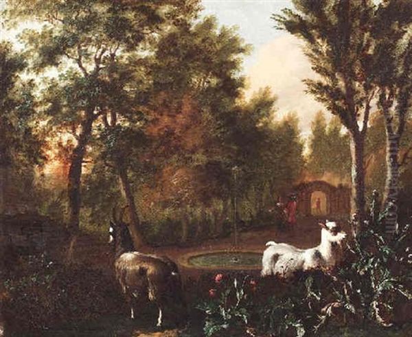 Parklandschaft Mit Ziegen Vor Einem Brunnen Oil Painting by Abraham Jansz. Begeyn