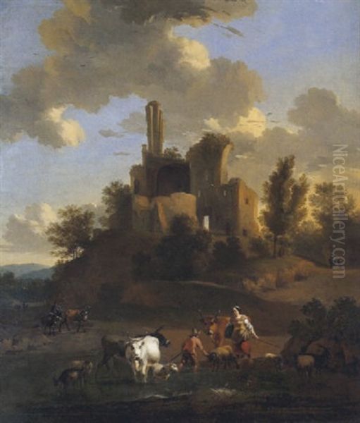 Sudliche Landschaft Mit Hirten Und Herde Vor Einer Burgruine Oil Painting by Abraham Jansz. Begeyn