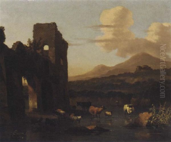 An Italianate Landscape With Cattle Fording A Stream By A Ruin Oil Painting by Abraham Jansz. Begeyn