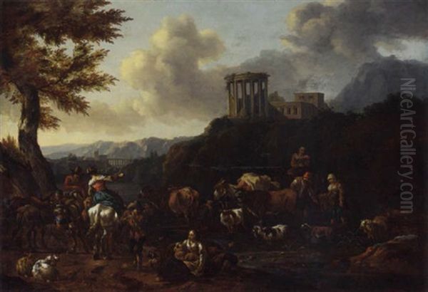 An Italiante Landscape With Drovers Fording A River, The Temple Of The Sibyl At Tivoli Beyond Oil Painting by Abraham Jansz. Begeyn