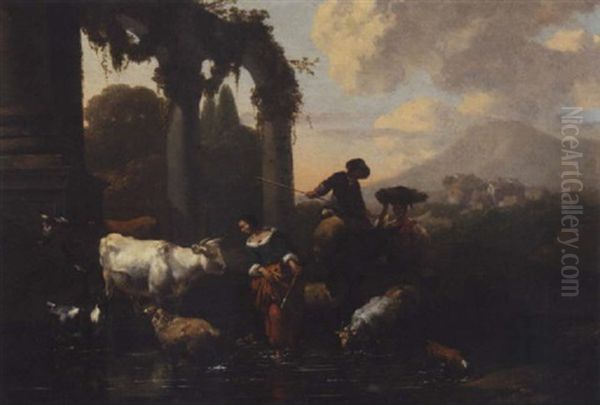 An Italianate Landscape With Maids And A Herder Tending Their Sheep And Cattle At A Watering-hole Oil Painting by Abraham Jansz. Begeyn