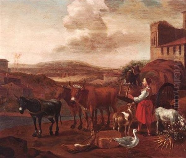 Bauersleute Mit Viehgespann Vor Der Silhouette Einer Stadt by Abraham Jansz. Begeyn