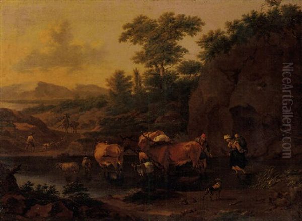 An Italianate Landscape With Herdsman And Cattle Crossing A River Oil Painting by Abraham Jansz. Begeyn