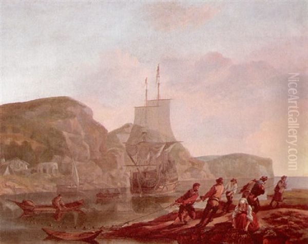 A Rocky Coastal Scene With Fishermen And A Man-of-war At Anchor by Abraham Jansz. Begeyn