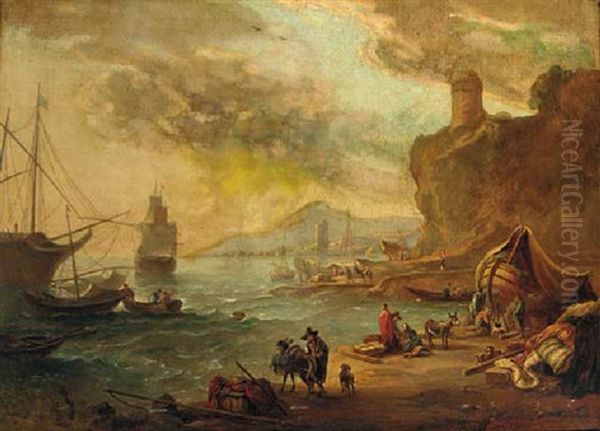 A Mediterranean Coastal Inlet With A Moored Man-o'-war Oil Painting by Abraham Jansz. Begeyn