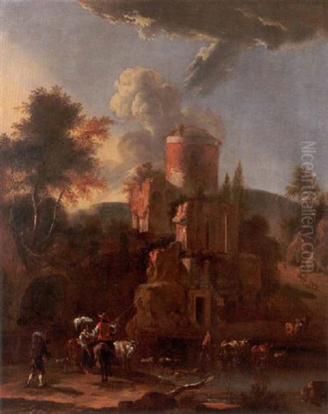 An Evening Italianate Landscape With Cowherds, A Shepherdess And Their Livestock Fording A River Beside Roman Ruins Oil Painting by Abraham Jansz. Begeyn