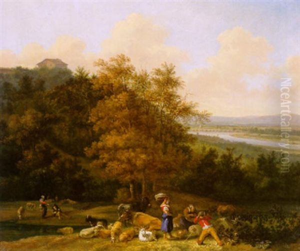 Sudliche Landschaft Mit Hirten Und Herde, Rechts Fernblick Auf Eine Bogenbrucke Oil Painting by Abraham Jansz. Begeyn