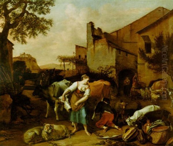 Shepherds With Their Cattle Sheep And Goats Near A Farm Oil Painting by Abraham Jansz. Begeyn