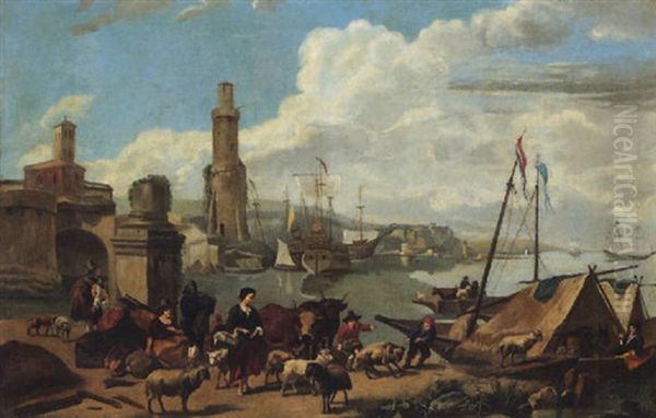 A Port Scene With Figures Loading Sheep And Cattle Onto Small Boats By A Quayside, With Vessels Beyond Oil Painting by Abraham Jansz. Begeyn