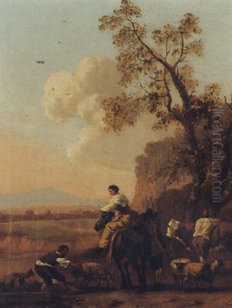 A Southern Landscape With Herders And Animals Oil Painting by Abraham Jansz. Begeyn