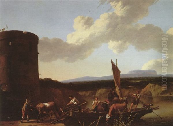 An Italianate River Landscape With Peasants Loading Cattle On To A Ferry, Mountains Beyond Oil Painting by Abraham Jansz. Begeyn