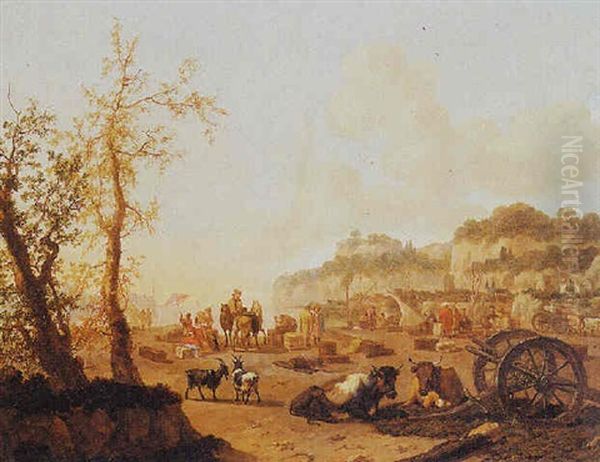 A View Of A Mediterranean Harbour With Cattle And Goats, A Cannon And Figures Unloading Ships Beyond Oil Painting by Abraham Jansz. Begeyn