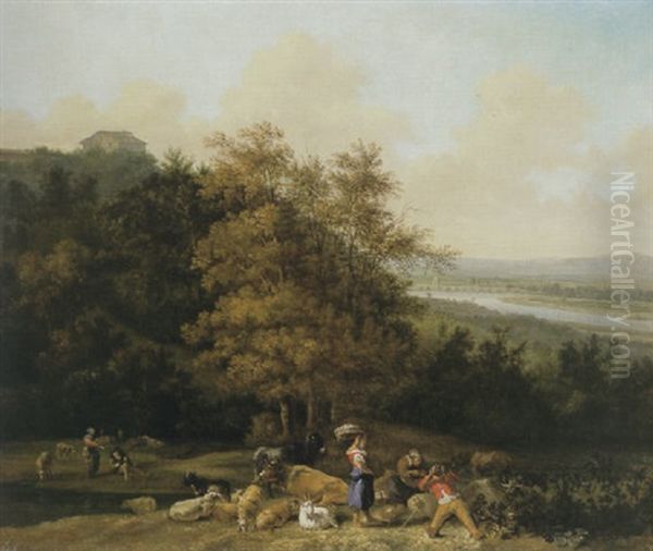 Sudliche Landschaft Mit Hirten Und Herde, Rechts Fernblick Auf Eine Bogenbrucke Oil Painting by Abraham Jansz. Begeyn