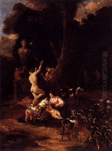 Pastoral Landscape With Nymphs, A Satyr And A Shepherdess With Her Flock And Cupids, A Statue Of The Goddess Diana Nearby Oil Painting by Abraham Jansz. Begeyn