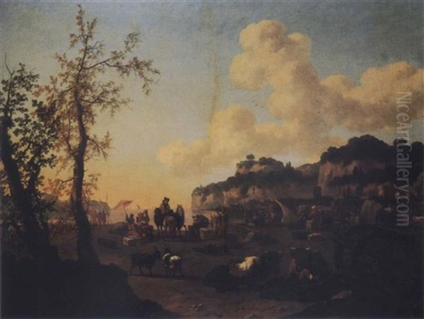 A View Of A Mediterranean Harbor With Cattle And Goats, A Cannon And Figures Unloading Ships Beyond Oil Painting by Abraham Jansz. Begeyn