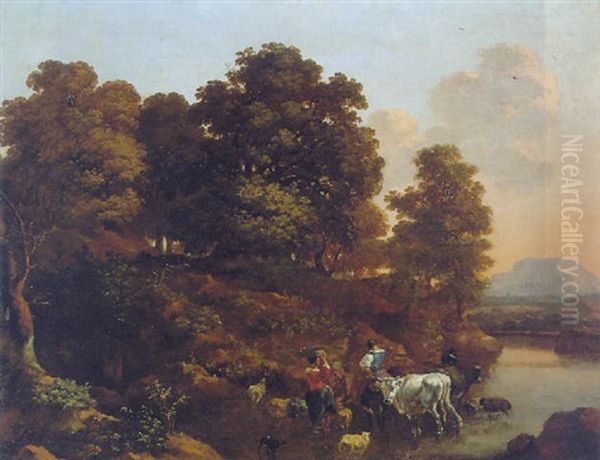 An Evening Italianate Landscape With Shepherdesses Watering Their Livestock In A River Beside A Wood With Mountains Beyond Oil Painting by Abraham Jansz. Begeyn