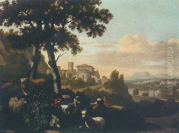 An Italianate Landscape With Cattle, Goats And Sheep Resting Beneath A Tree, A Fortified Town Beyond Oil Painting by Abraham Jansz. Begeyn