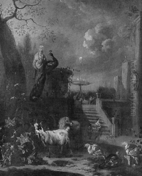 Volatiles Et Chevre Au Pied De L'escalier D'un Parc Oil Painting by Abraham Jansz. Begeyn