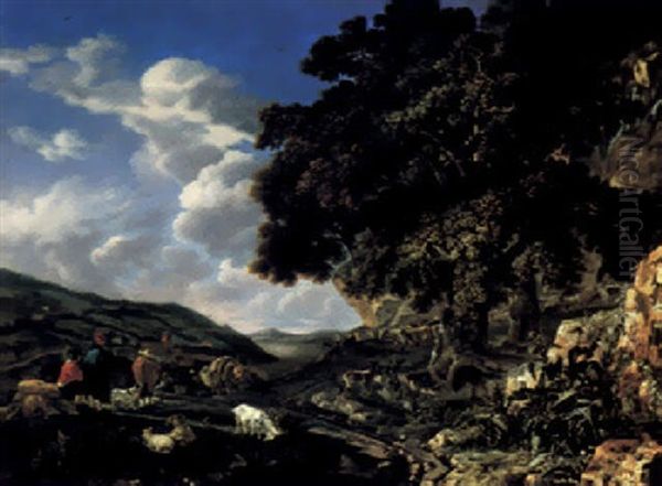 An Italianate Wooded Landscape With Travellers And A Herd By A Path Oil Painting by Abraham Jansz. Begeyn