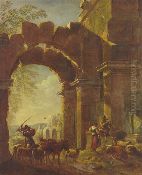 Drovers Beneath A Ruined Archway By A Fountain Oil Painting by Abraham Jansz. Begeyn