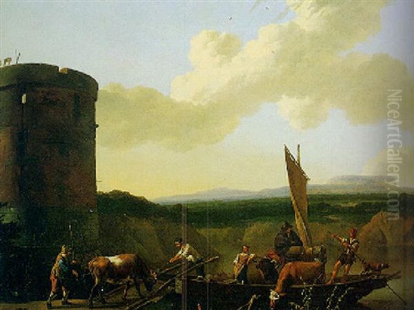 An Italian River Landscape With Peasants Loading Cattle Onto A Ferry Oil Painting by Abraham Jansz. Begeyn